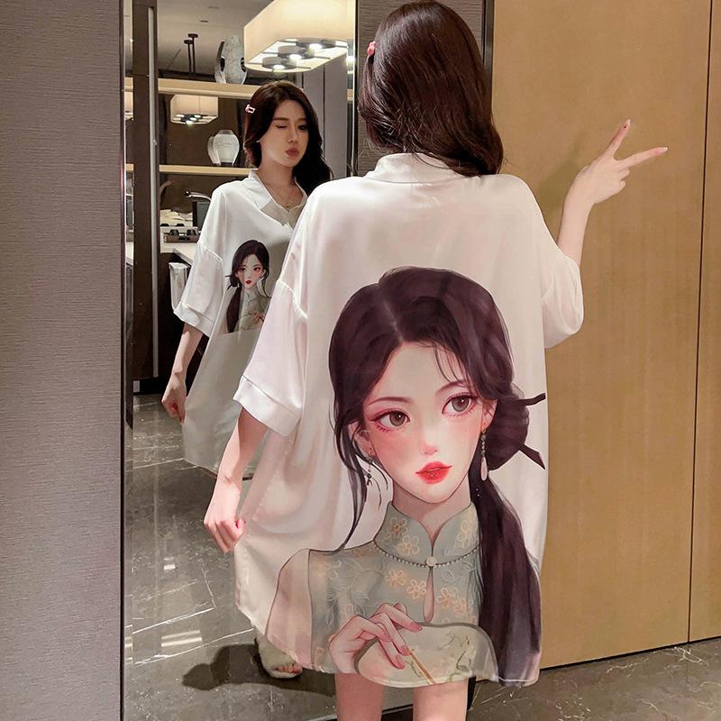 Sexy Nachtwäsche Damen Strickjacke Mittellanger Rock Student Homewear Lose Revers Nachthemden Können Draußen Getragen Werden Damen Nachthemden