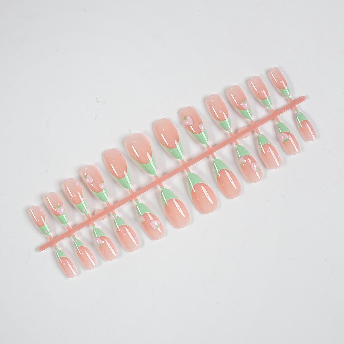 Green French Almond-Shaped Strawberry Polka Dot Press-On Nails, Sweet Girl Style, 24-Piece Set