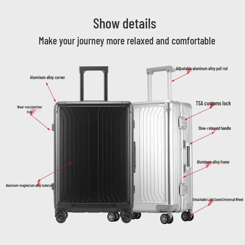 20-Inch High-End Aluminum-Magnesium Carry-On Suitcase with Combination Lock, Large 24-Inch Option Available, Unisex Design