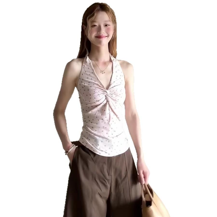 Korean retro floral neck V-neck kink vest for women's summer wear, slim and thin, pure desire Spice Girl sleeveless top