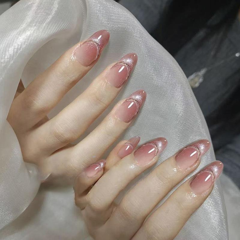24Pcs French Tip Almond Press On Nails Solid Gradient Full Cover Acrylic False Nails Wearable Manicure Nail Art