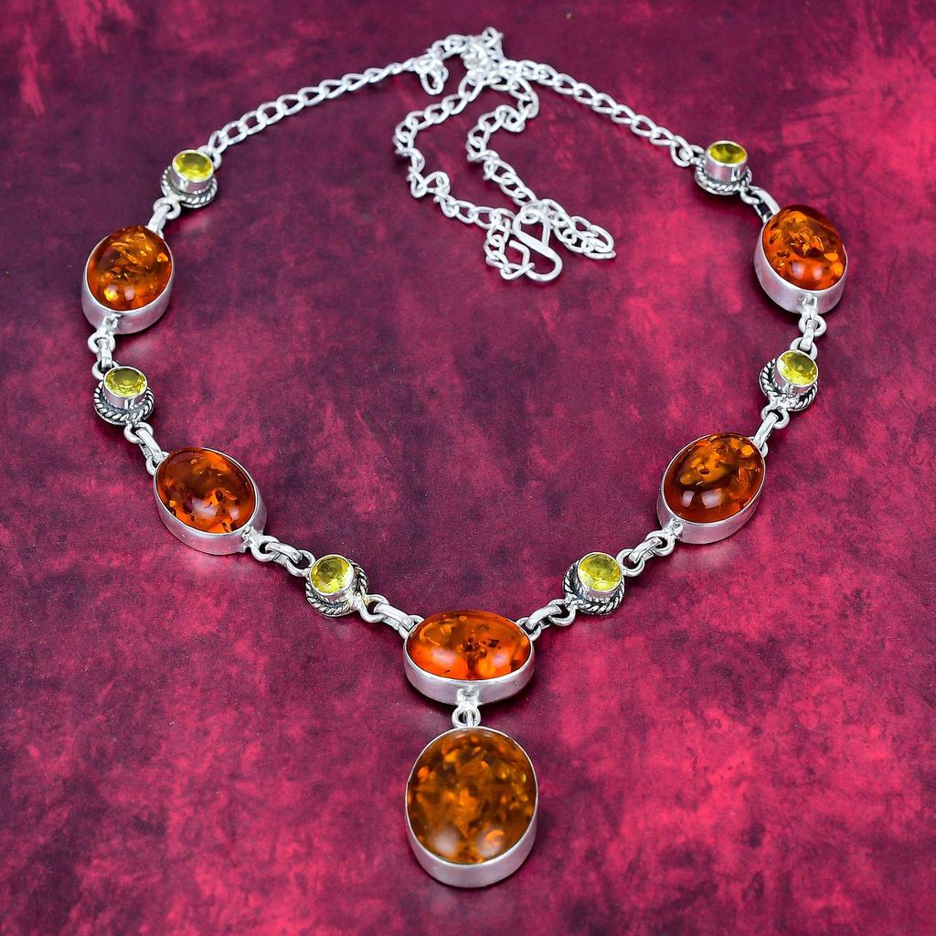 Baltic Amber & Citrine Necklace Gemstone Jewelry, 925 Solid Sterling Silver Adjustable Chain Necklace, Gift For Women Handmade Necklace