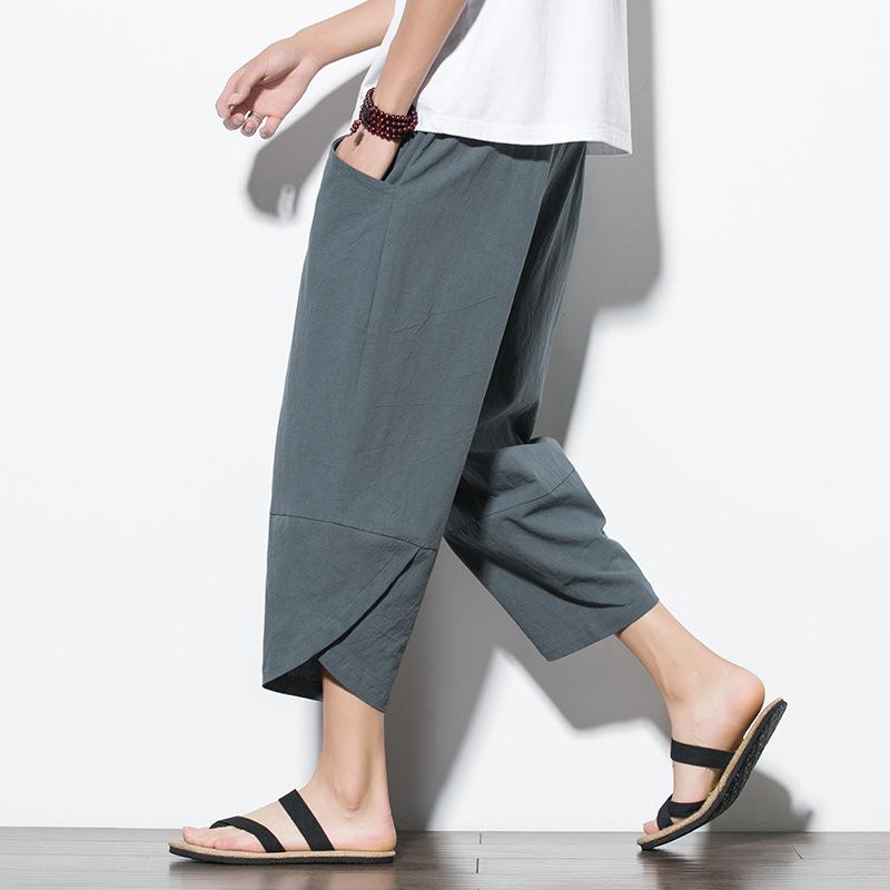 Pantalon Harem Homme Été Style Chinois Coton Lin Streetwear Rétro Shorts de Plage Pantalon Décontracté Mi-Mollet M-5XL