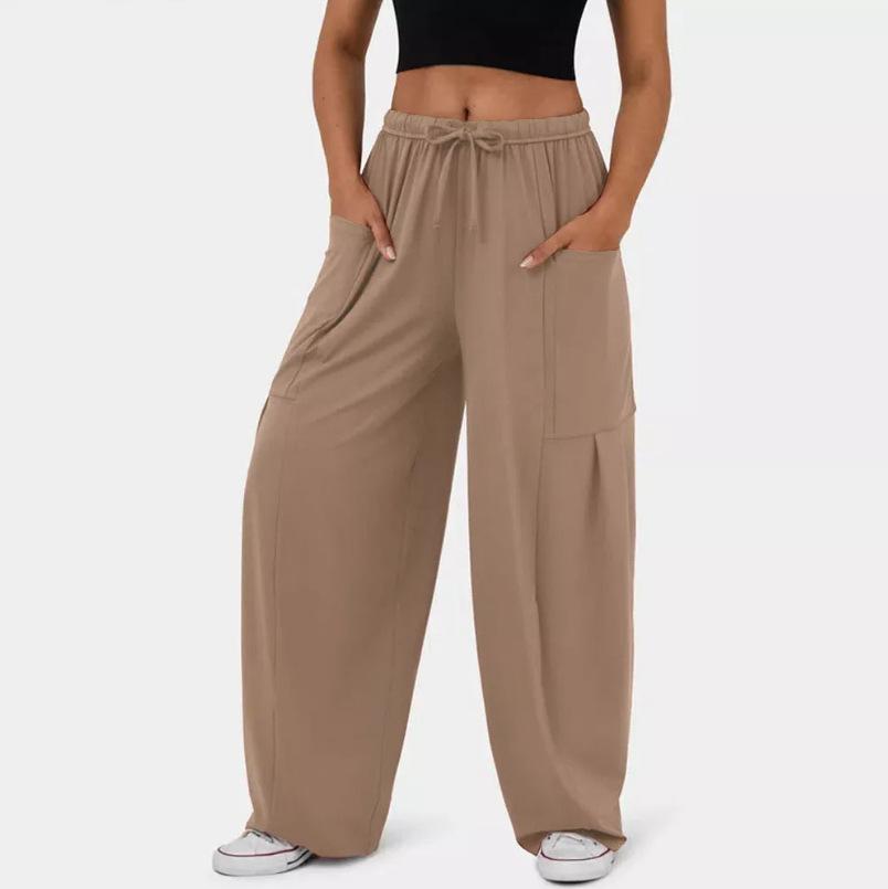 Women's Fashionable Elastic Waist Pleated Wide-leg Pocket High Waist Pants Casual Loose Trousers