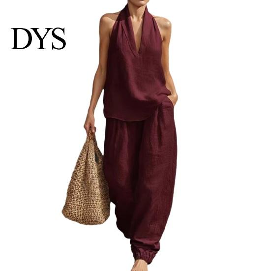 Einfaches Elegantes Anzug Zweiteiliges Baumwoll Leinen Sets für Damen Ärmellos V-Ausschnitt Lässig Formell Tragen Neckholder Top Passende Weite Hosen Sommerurlaub
