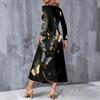 Women Plus Size Long Sleeve V Neck Dark Blue Butterfly Floral Printed A Line Midi Dress With Pockets