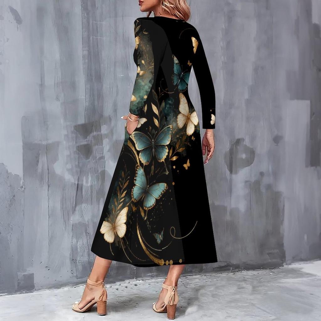 Women Plus Size Long Sleeve V Neck Dark Blue Butterfly Floral Printed A Line Midi Dress With Pockets