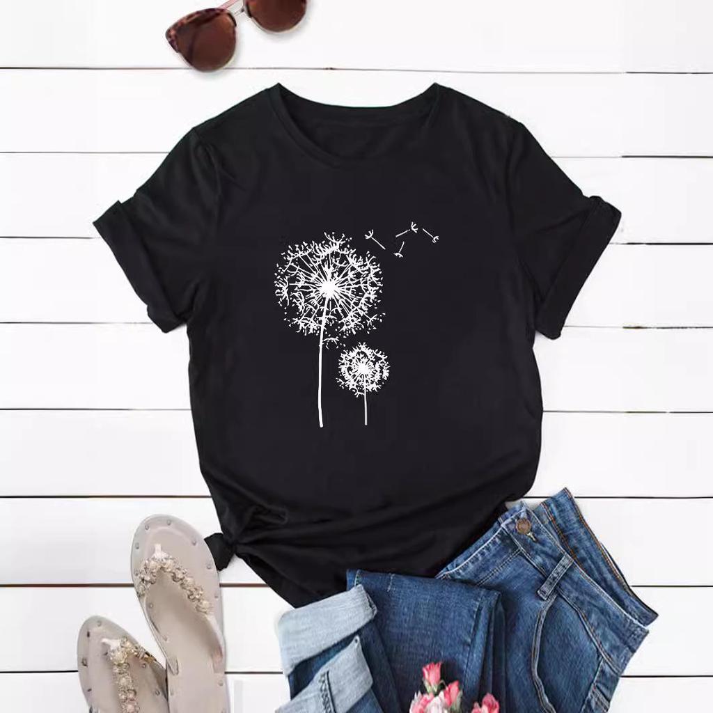 European and American Summer Women's Dandelion Print Round Neck Short-Sleeve Casual T-Shirt