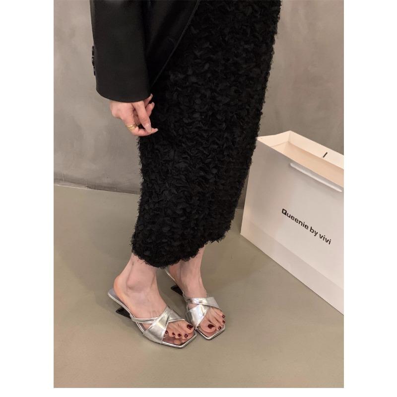 Cool slippers summer slope heel one word silver square head niche thin strap cross women's outer wear slope heel sandals