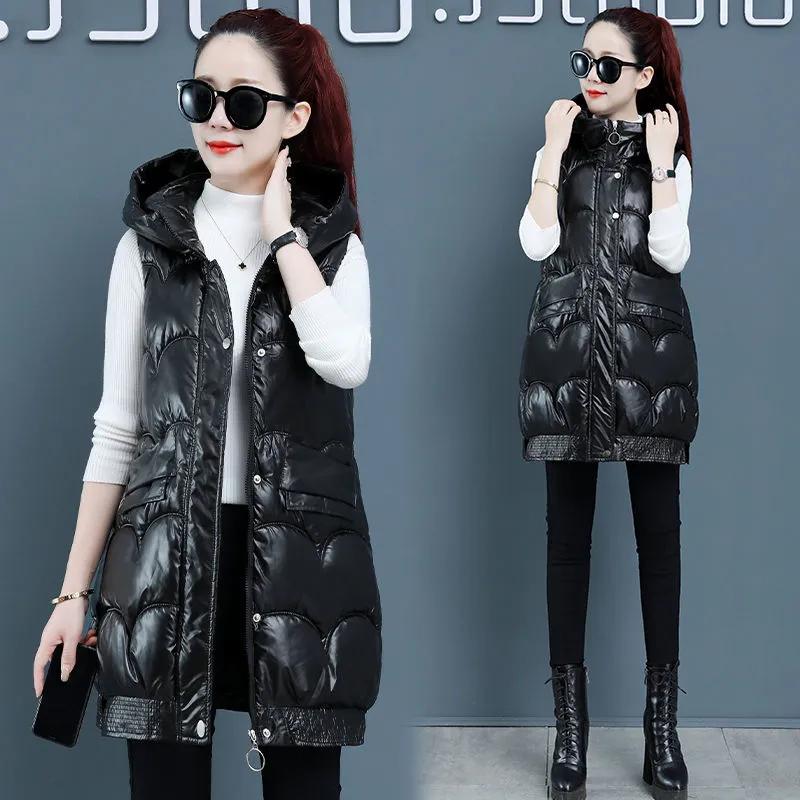 Damer Høst og Vinter Mellomlang Lett Vaskefri Blank Kåpe Ensfarget Hette Yttertøy Vester