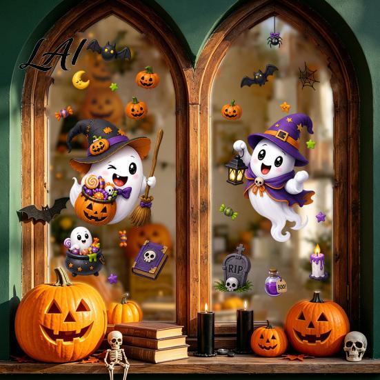 Reusable Decorative Window Sheets Halloween Static Clings Spooky Ghost Floral Skull Stickers Cling Decals for Glass No-Adhesive Party Indoor Outdoor