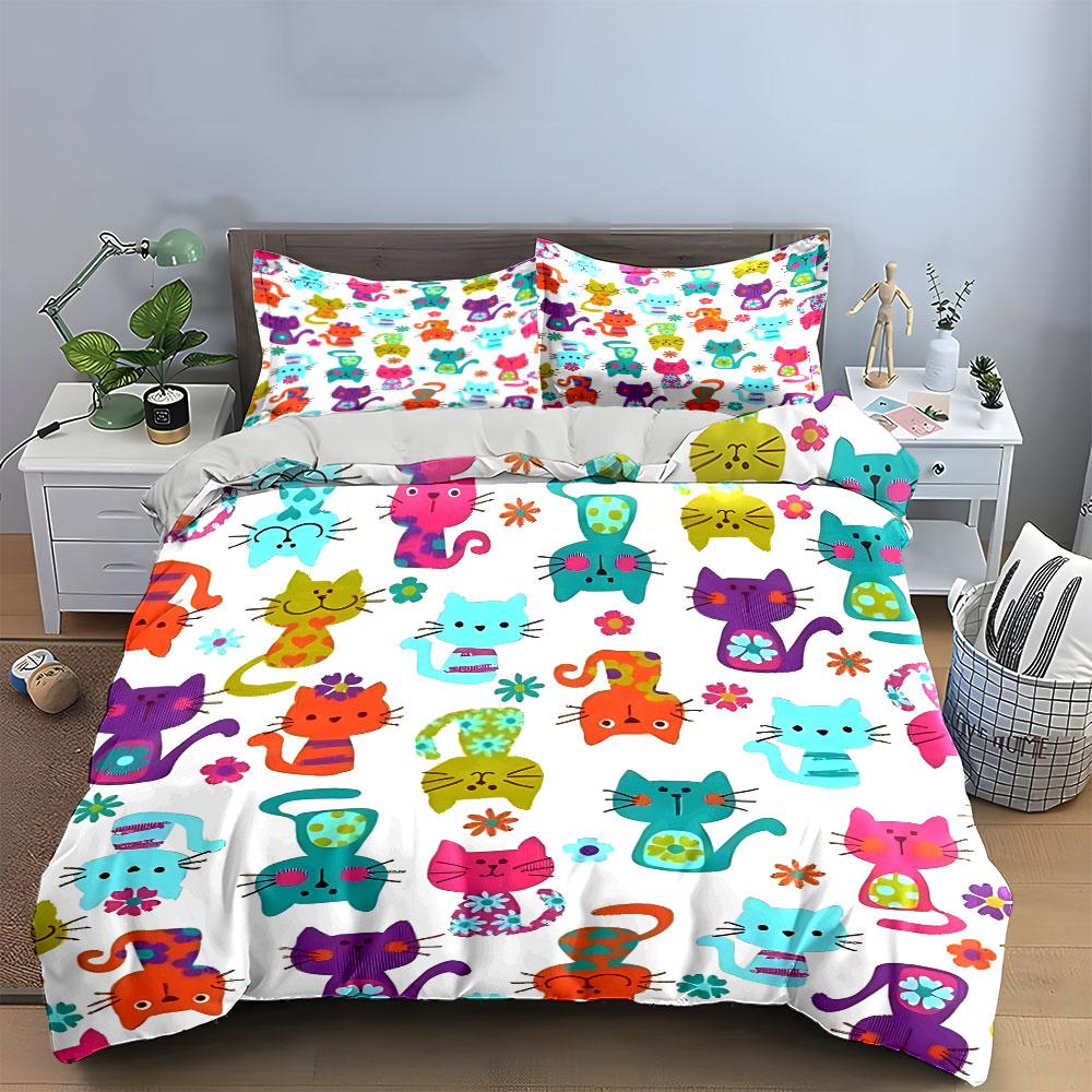 Rainbow Patchwork Cat Bedding Set Folk Floral Abstract Kitty Print Duvet Cover 2 Pillowcases Single Double King Queen Gift