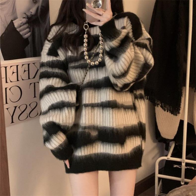 Loose Design Crewneck Pullover Knitted Sweater Color Contrast Long Sleeve All-match Sweater Women's Top