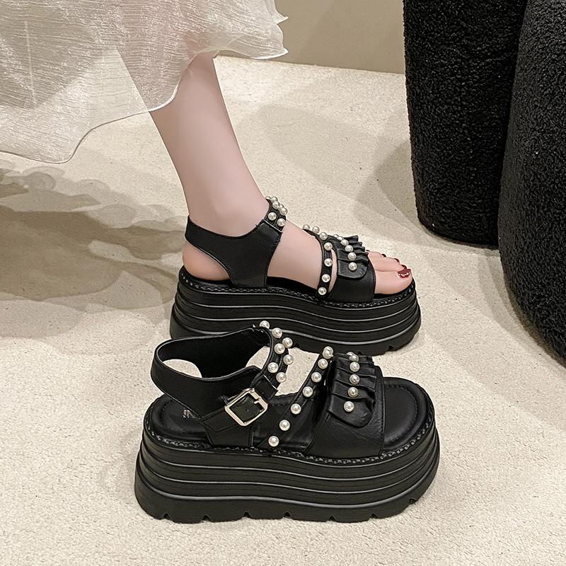 Fashion Women Sandals Summer Open Toe Buckle High Heels Shoes Black Punk Gothic Platform Sandals Sexy Rivets Thick Heels Shoes for Women