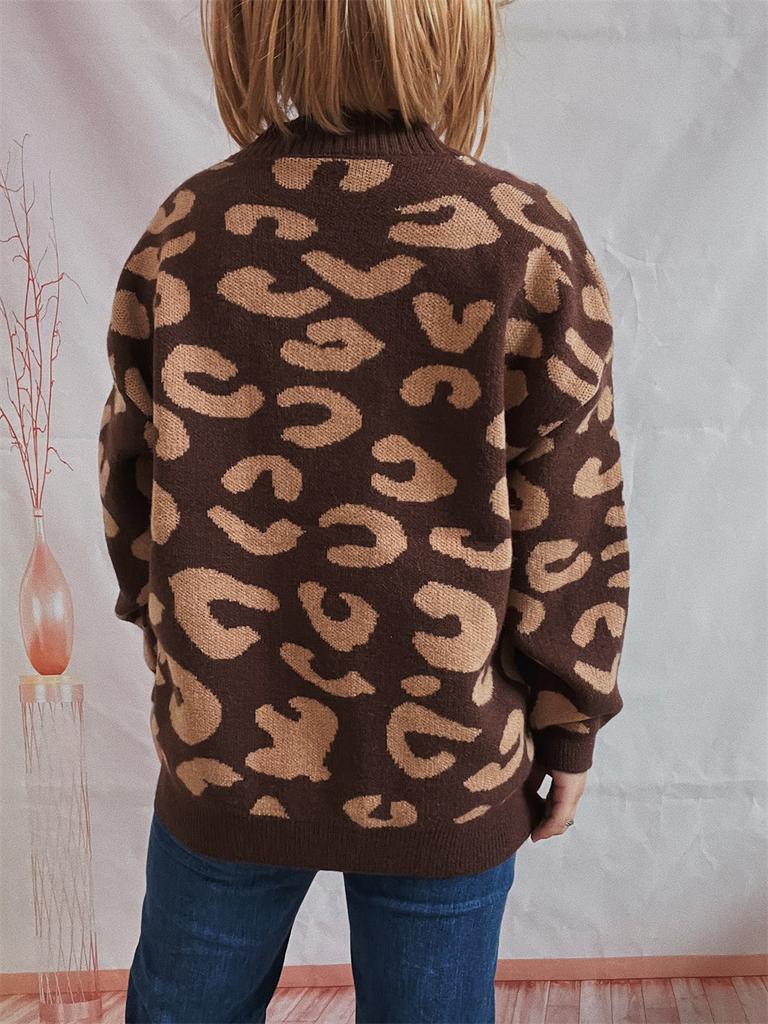 Autumn and Winter New Loose Casual Leopard Print Single Breasted Long Sleeved V-neck Knitted Sweater Jacket 3539 KTB