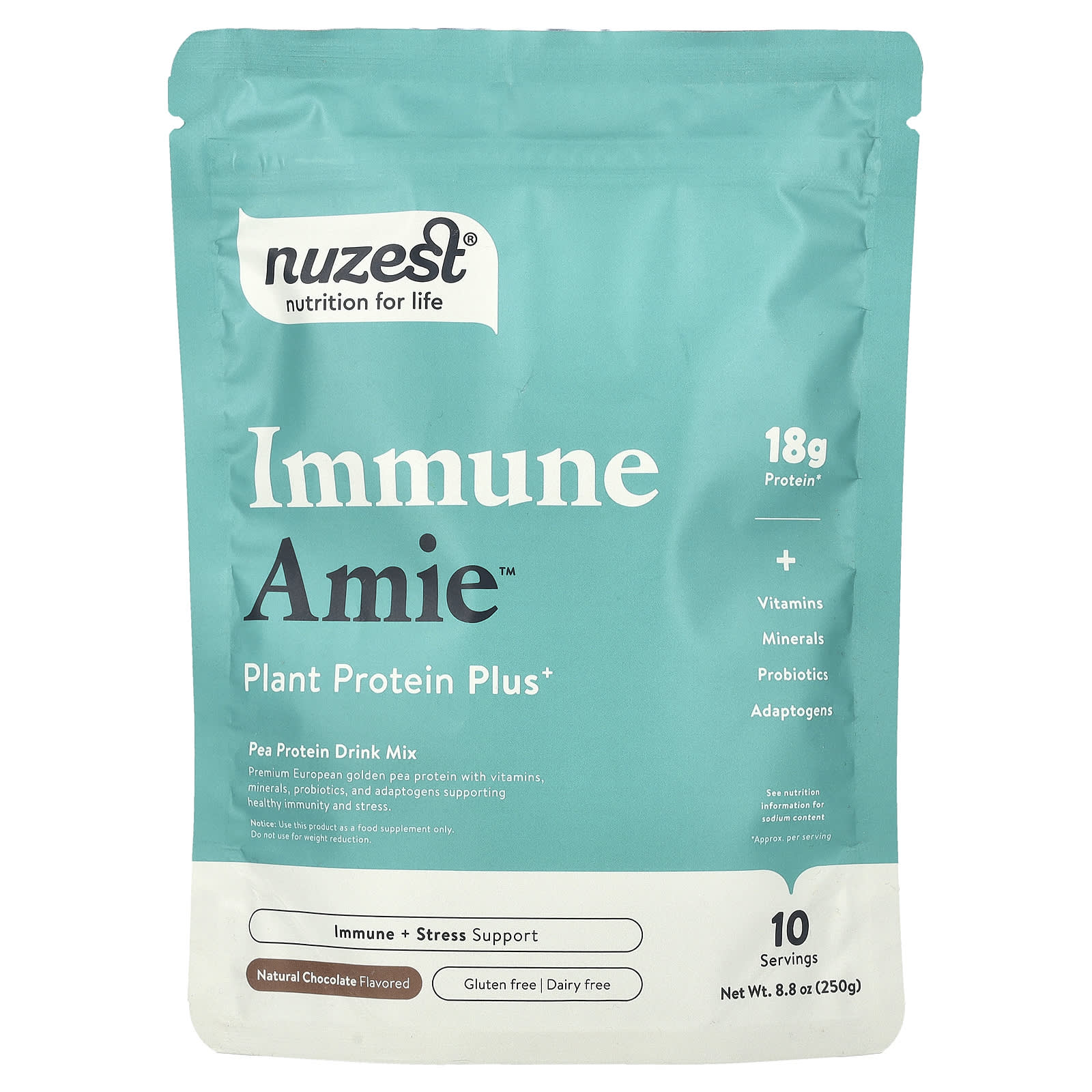

Nuzest, Immune Amie™, Plant Protein Plus+, Natural Chocolate, 8.8 oz (250 g)