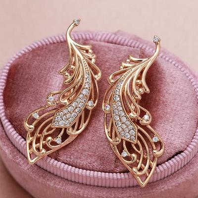 Luxus Gold Farbe Feder Ohrringe für Frauen Zirkon Hochzeit Party Ethnische Edlen Schmuck