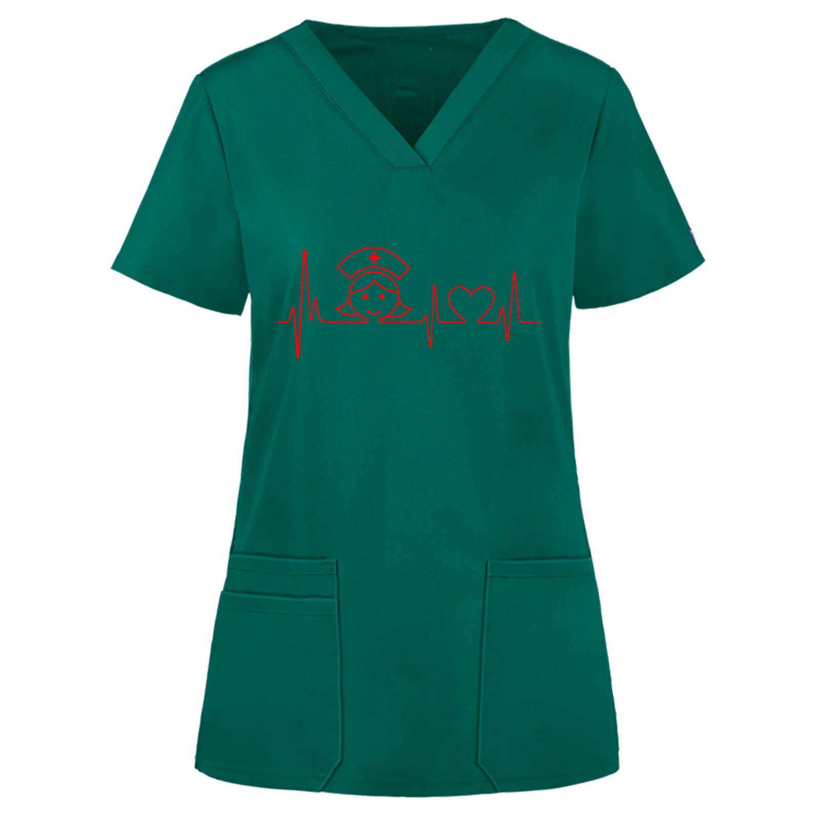 

(SU)Женские топы с короткими рукавами и v-образным вырезом, рабочая однотонная блузка с карманами XXL армия зеленый