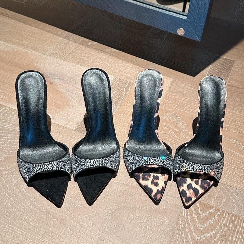 Cool Slippers Women's 2025 New Summer Wear High Heels, Thin Heels, Pointed Rhinestones, Leopard Print, One-word Drag, High-end Skirt