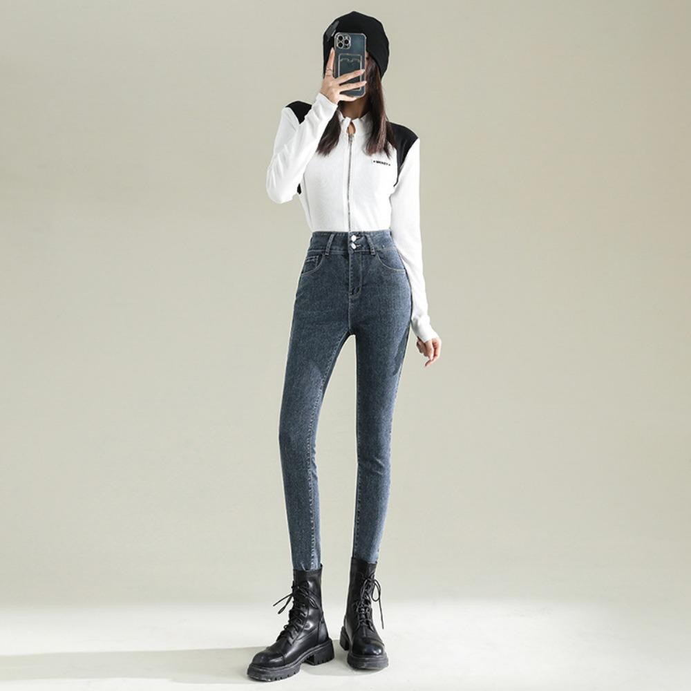 

Повседневные корейские джинсы слим-фит с высокой посадкой, двубортные, женские осенне-зимние, новые эластичные брюки 32 сине серый