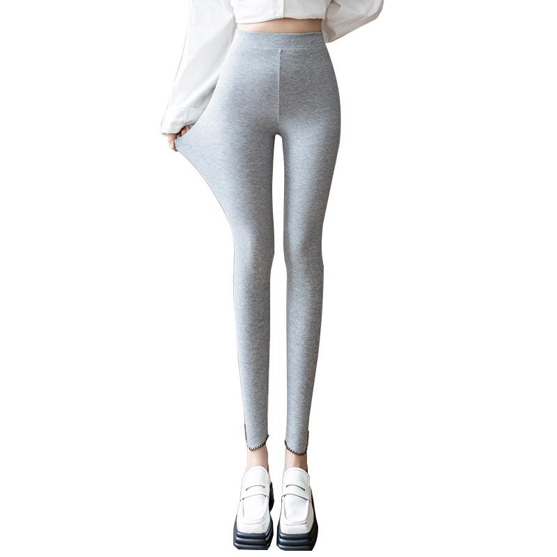 Women's Gray Cotton Skinny Tummy-Control Pants - Slimming, Elastic, Nine-Point Length, High Elasticity, Suitable for Outdoor Wear.