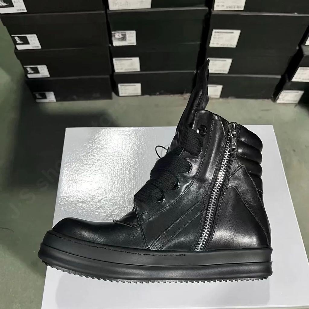 R-o Designer Men Shoe Full Black Leather Ankle Boot Sneaker High Top Casual Shoes Jumbo Laces Zipper Women Boots Flat Sneakers