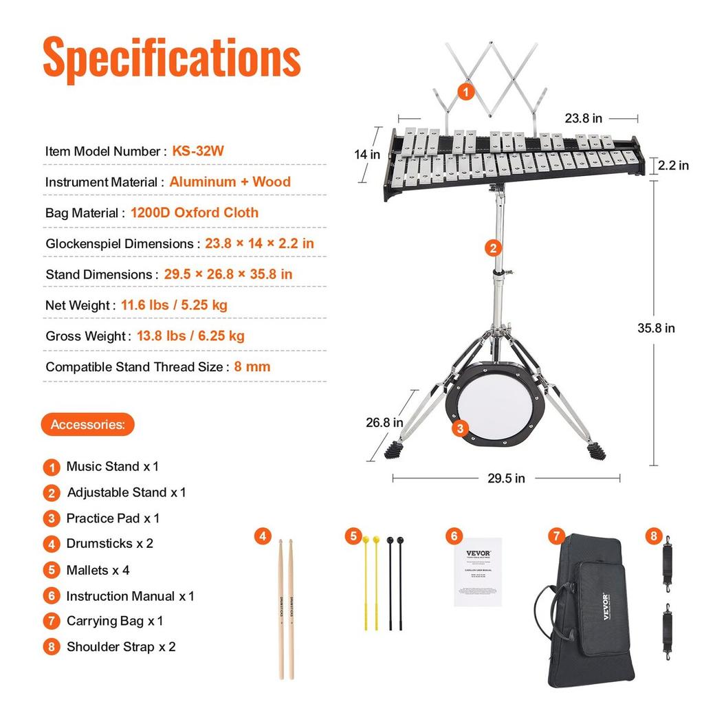 32 Note Glockenspiel Xylophone Bell Kit with Mallets, Stand & Practice Pad