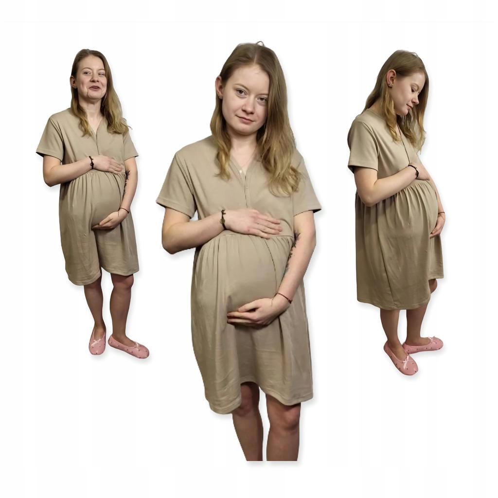 Maternity Nightgown for Childbirth Cotton Short Sleeve Size Beige
