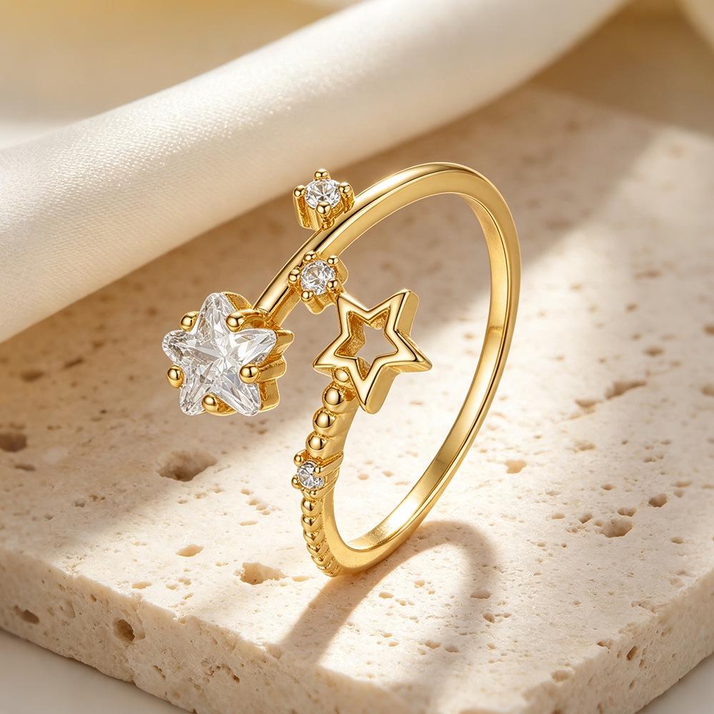 Exquisite Zircon Inlaid Star Ring, S925 Sterling Silver, Light Luxury Pentagram Design.