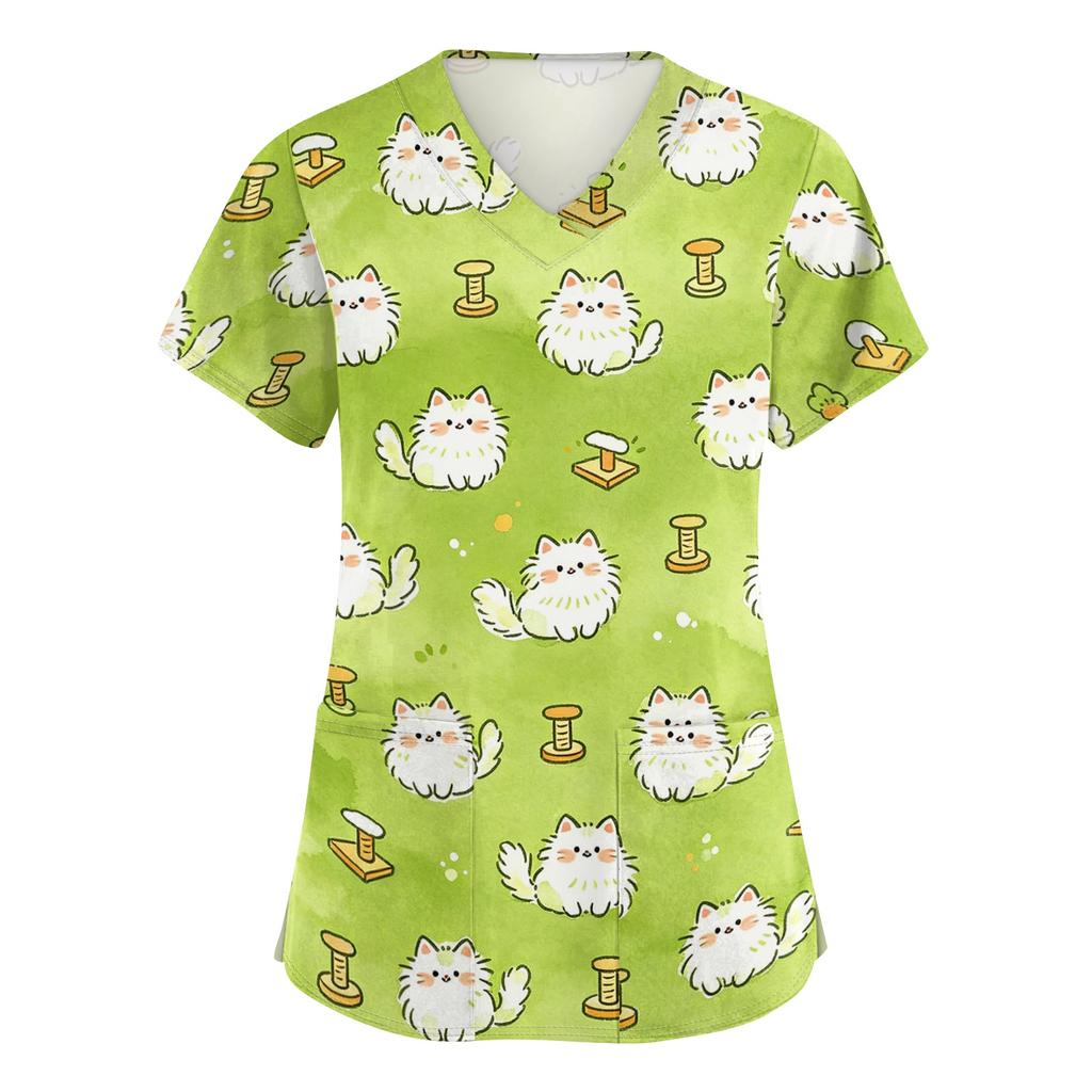 Women's V Neck Short Sleeve Work Top with Pockets Animal Print Professional Uniform Shirt for Healthcare Nursing Staff