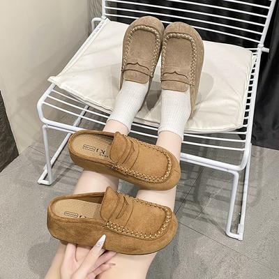 Chaussures décontractées en daim rétro old money, chaussures en cuir à une pédale pour les trajets quotidiens, demi-pantoufles pour femmes, vêtements d'extérieur