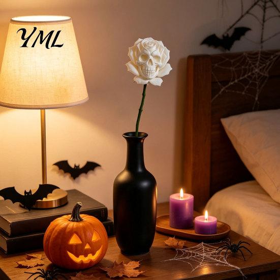 Niche Dark Theme Ornaments Gothic Skull Rose Decor, 3D Printed Skeleton Artificial Realistic Sculpture Flower, Aesthetic Halloween Ornament for Table