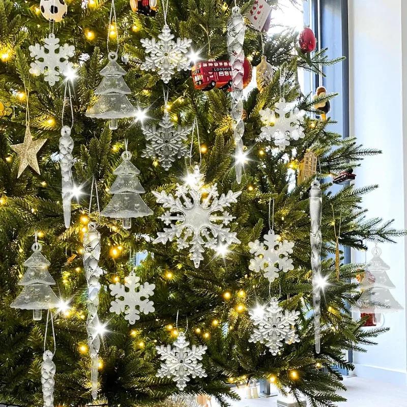 Acrylic Christmas Pendants Crystal Clear Snowflake Icicle Xmas Tree Hanging Pendant Ornaments New Year Home Party Decoration