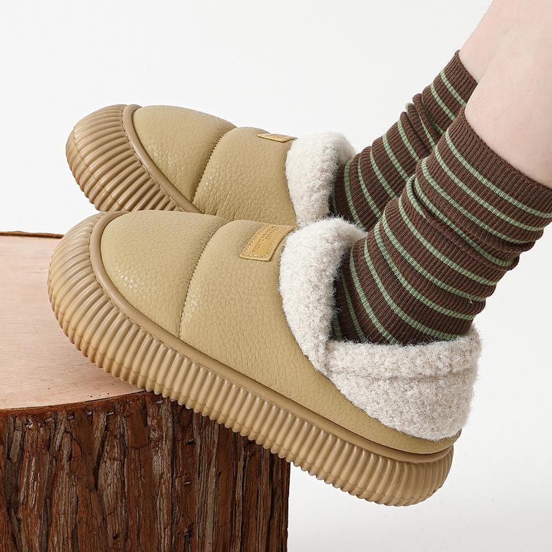 pu waterproof cotton slippers winter new bag heel indoor home non-slip soft sole outer wear cotton shoes winter