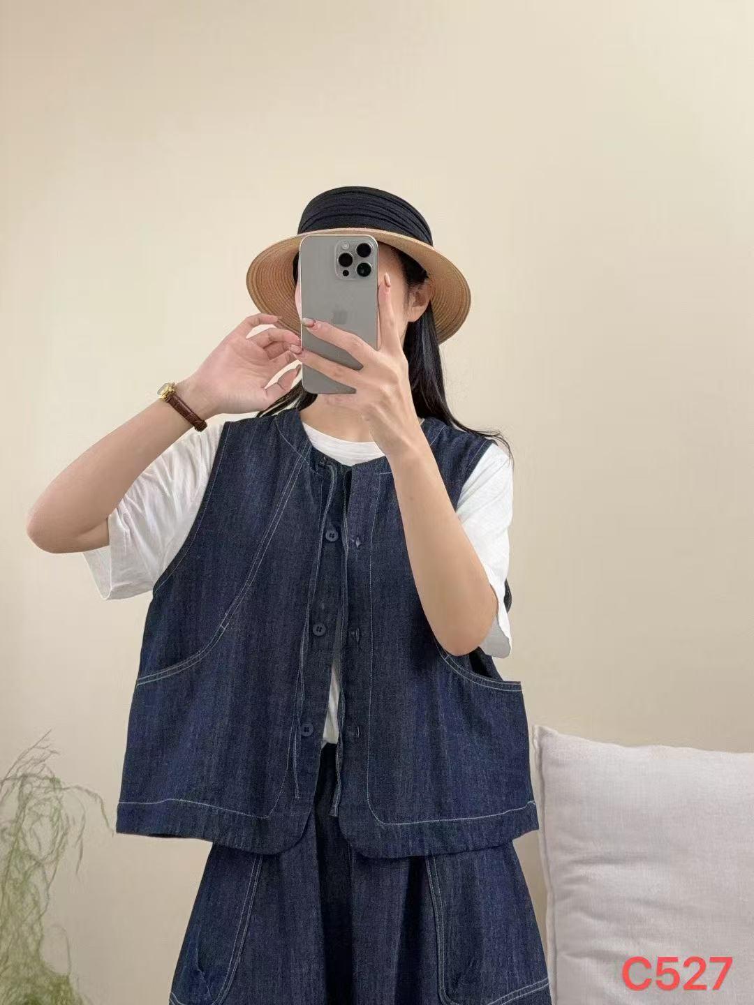 Women s Retro Round Neck Lace-Up Denim Vest & A-Line Skirt Set XL