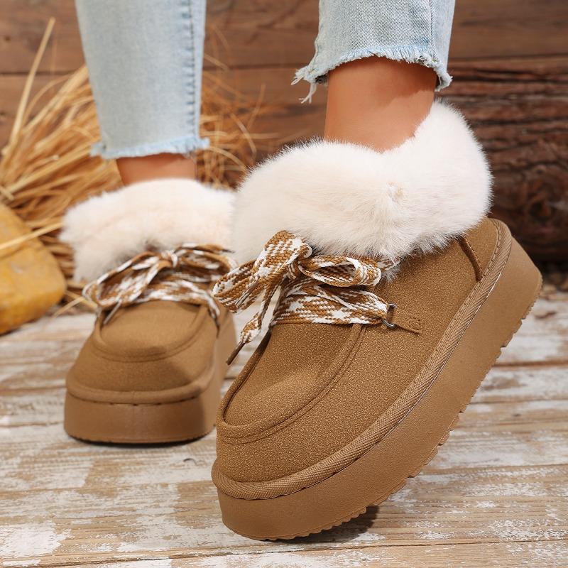 Lace-up Snow Boots Winter New Round Toe Suede Platform Wool Warm Cotton Boots