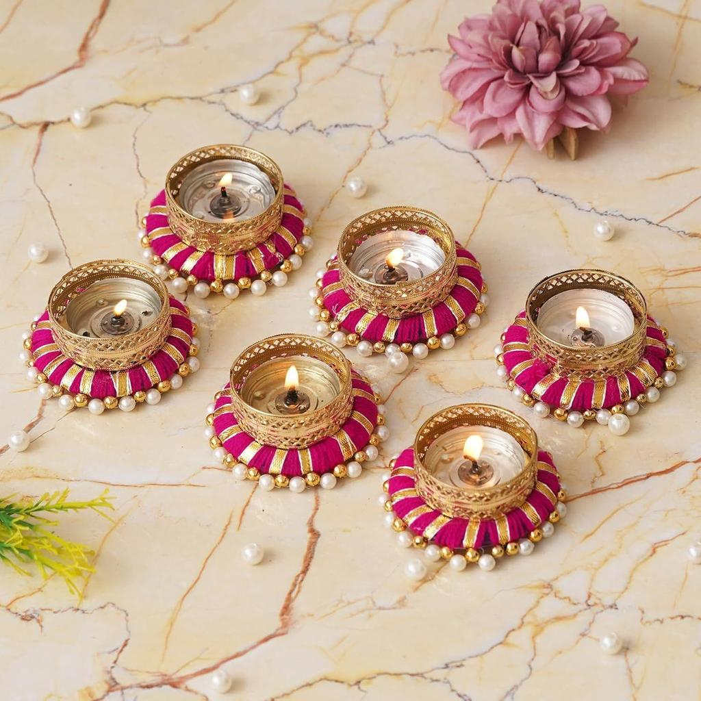 Set of 6 Pink & Golden Round Shaped Beaded Decorative Tea Light Candle Holders - Perfect for Diwali, Navratri, and Christmas Festivals