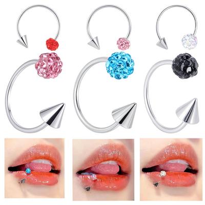C-Shaped Titanium Barbell with Shamballa Crystal Ball & Cone Stud - Sparkly Horseshoe Lip & Nose Ring Piercing