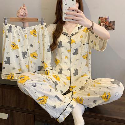 Pajamas Women'S Summer Wrinkled Cloth Short Sleeves 2025 Wind Cute Cartoon Loungewear Three-Piece Set