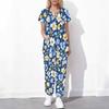 Women Plus Size White Floral Printed Scrub Set Cutout Neck Short Sleeve Pocket Top Long Pants Two Piece