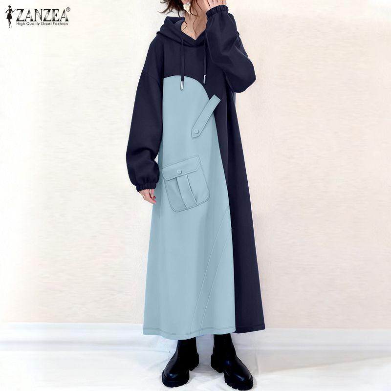 ZANZEA Women Hoodies Casual Long Sleeve Patchwork Sweatshirt Dress