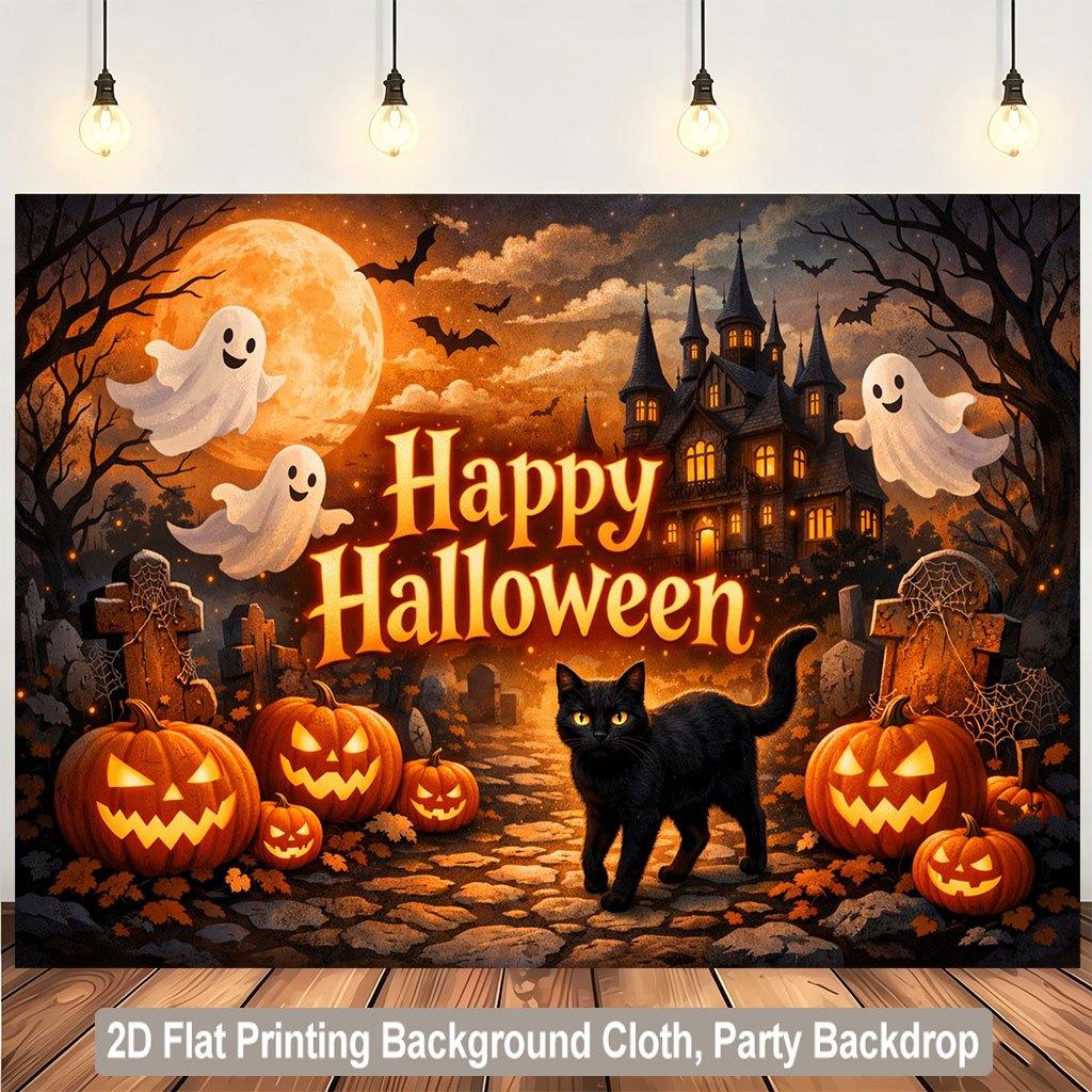 1 piece of 2D flat background fabric, Halloween pumpkin lantern and black cat ghost background fabric, home decoration