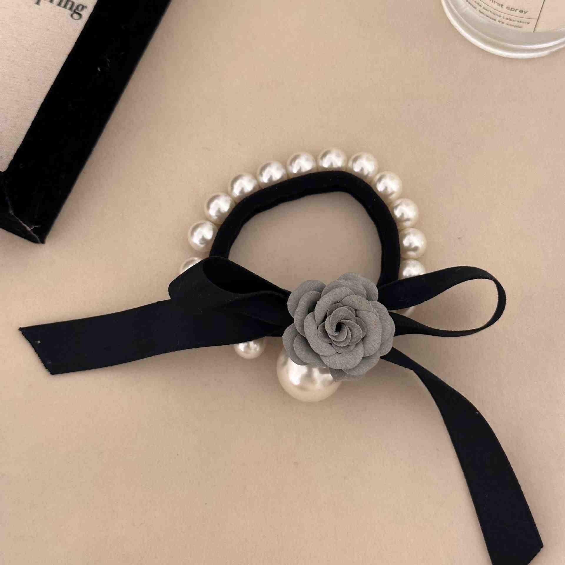 Korean Pink Camellia Bow Pearl Elastic Hair Tie Headband