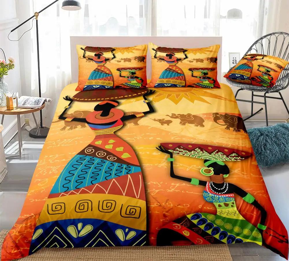 African Woman King Queen Duvet Cover Retro Exotic Tribal Black Girl Pattern Bedding Set Africa Polyester Quilt Cover Pillowcase