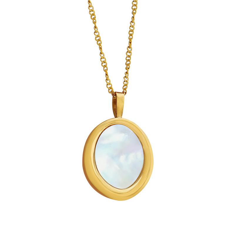 Natural White Sea Shell Oval Pendant Necklace, Wind Titanium Steel Gold-Plated Versatile Collarbone Chain