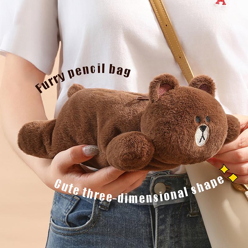 

Brown Bear Plush Stationery Pen Bag Girl Kawaii Large Capacity Multifunctional Makeup Brush Glasses Storage Bag