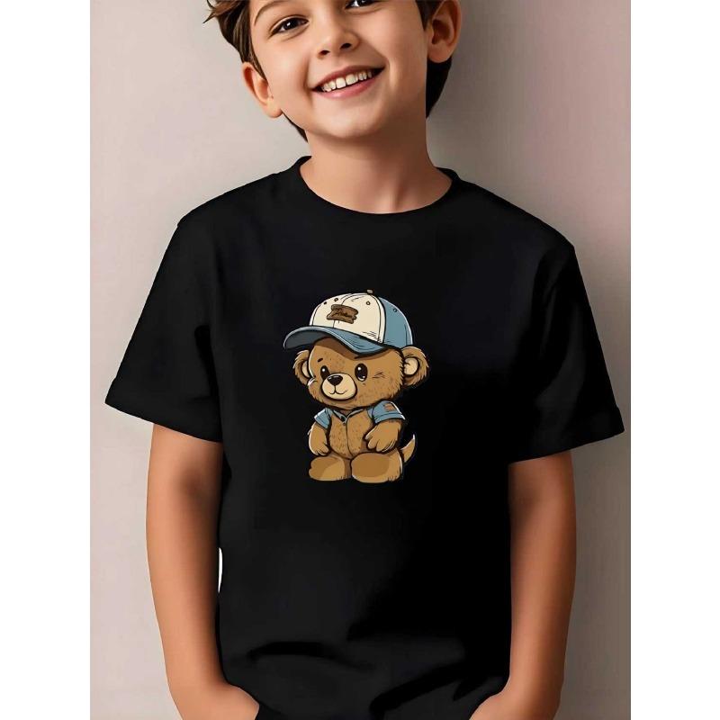 

European sizes Fashionable Short-Sleeve Shirts for Boys, New Style Inspiration for Cute Kids: a Baseball Cap And a Bear Cartoon T-Shirt 122cm чорний