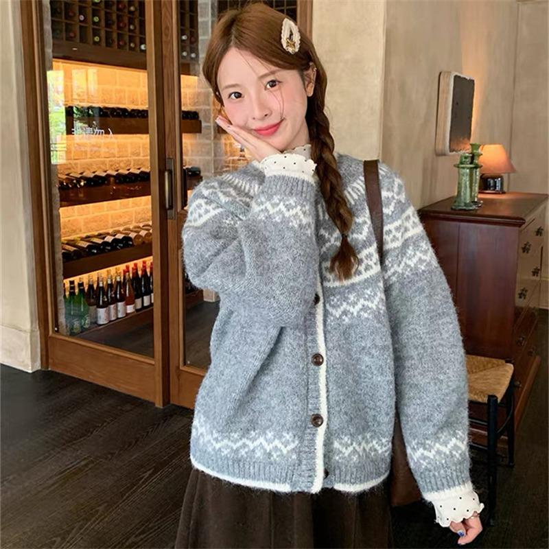 Autumn Winter Printed Cardigan Sweater Vintage Women Knit Long Sleeve Warm Coat Geometric Pattern Loose Button Sweaters Jackets Simple Clothing