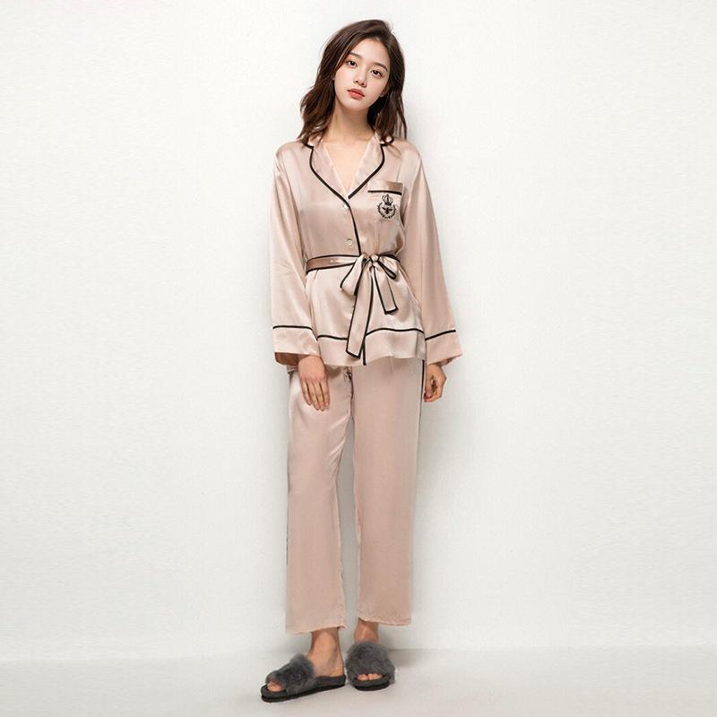 Mullbärssiden Dam Nattlinne Pyjamas Ficka Långärmad Dam Vardagsnattlinne Byxor 2 Delar Sidensbälte Dam Sovkläder