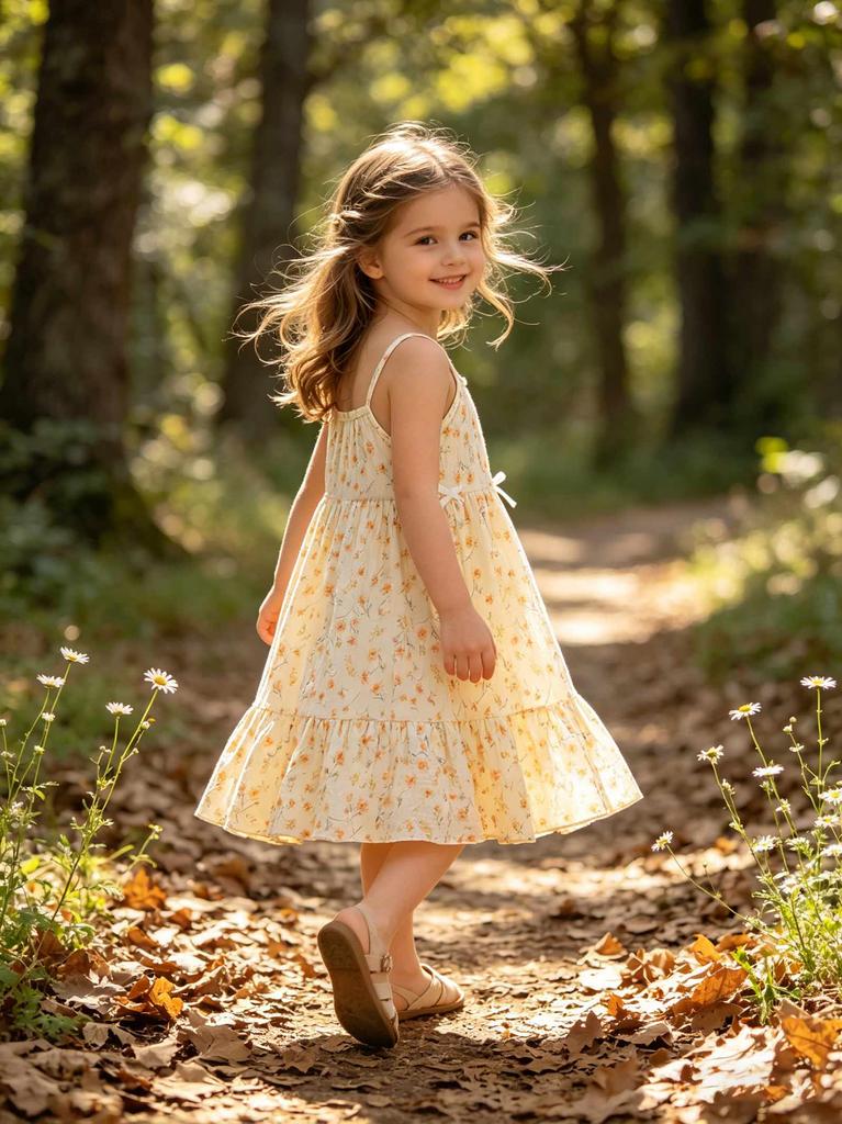 Toddler Girls Floral Spaghetti Strap Dress, Kids Summer Boho Casual Ruffle Hem Sundress for 1-8Y